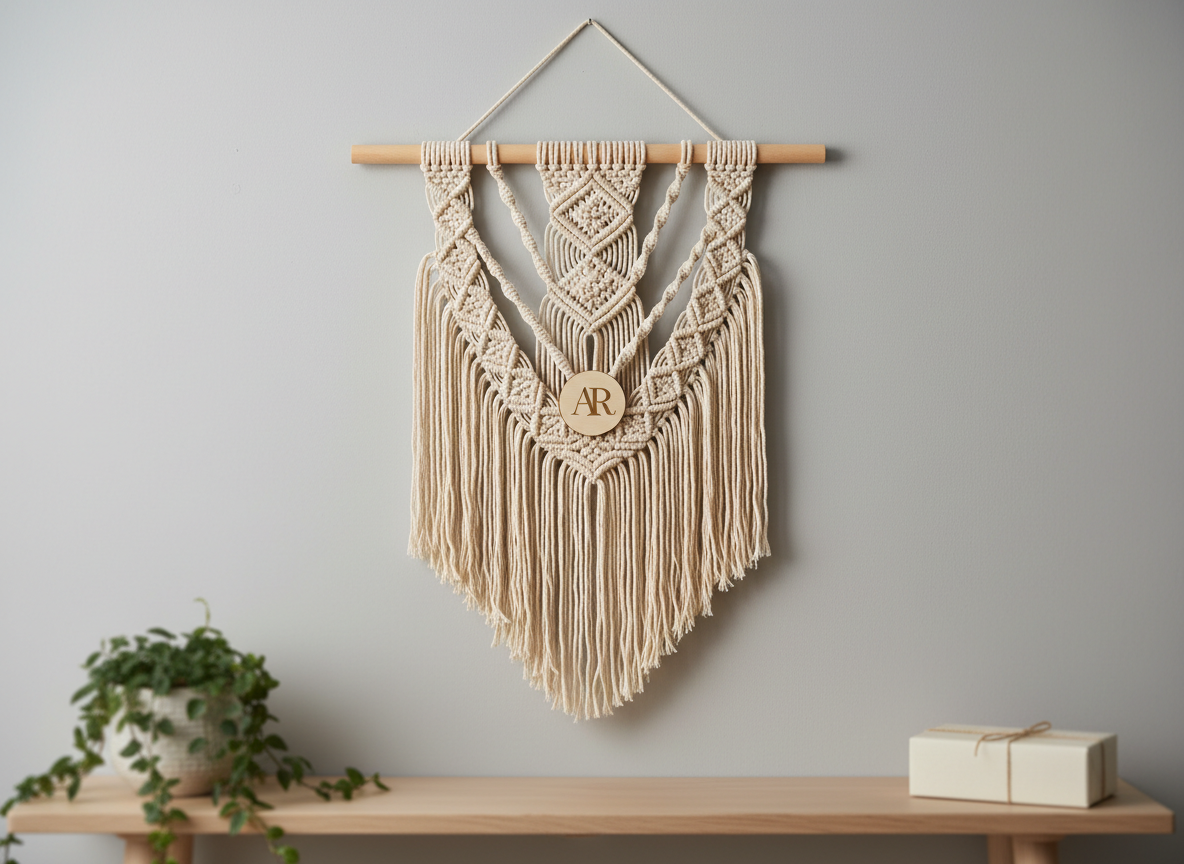 A delicate macramé wall hanging in warm cream cotton cord, featuring intricate knots, diamond patterns, and fringe, mounted on a smooth natural wooden dowel. At the center, a small round wooden disc with neatly laser-engraved initials adds a personalized touch. The hanging is displayed against a soft, light-grey wall above a simple wooden console. Gentle overcast window light creates even, diffused illumination, highlighting the cord’s texture and the engraved wood without harsh shadows. A softly blurred plant pot and closed gift box sit on the console, enhancing the cozy, handcrafted mood. Photographic realism from a straight-on, eye-level perspective with generous negative space makes this a perfect banner image for macramé and wooden décor gifts.