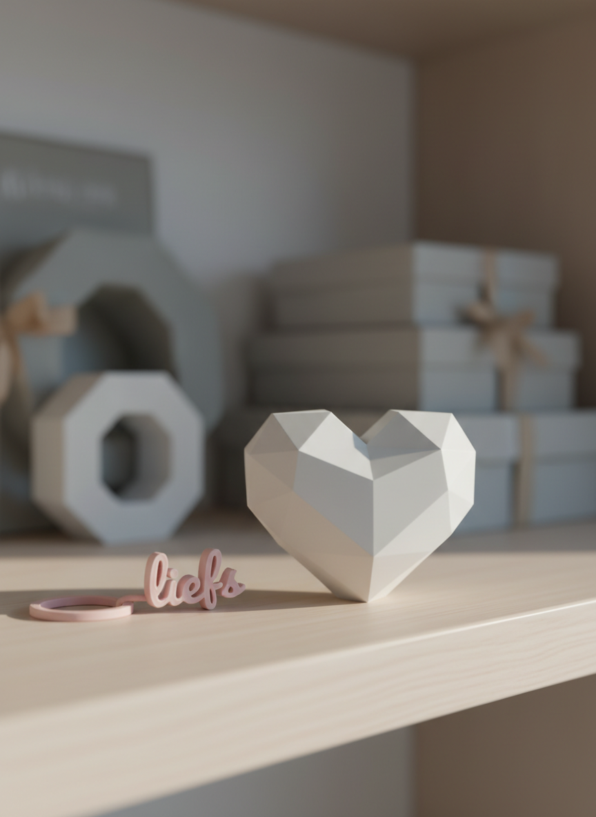 A minimalist, photographic close-up of a small 3D-printed gift object: a matte white, geometric heart sculpture with crisp facets, placed on a pale wooden shelf. Next to it sits a tiny, pastel-pink 3D-printed keychain with delicate lettering spelling “liefs”. The background softly blurs into shelves with other abstract shapes and neutral-toned gift boxes, hinting at a creative studio. Soft, cool daylight enters from the right, creating subtle reflections on the smooth plastic surfaces and gentle, angular shadows that emphasize each facet. Captured at a low, slightly side-on angle with shallow depth of field, the mood is modern, playful, and innovative, underlining the precision and customization possible with 3D-creaties in a clean, contemporary photographic style.