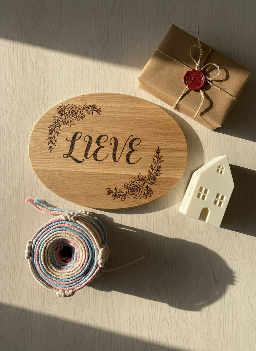 A playful flatlay of assorted personalized gifts arranged on a pale wooden table, photographed in realistic detail. At the center lies a light oak serving board with elegant dark woodburned script spelling a Dutch name and small floral motifs. Around it, a soft pastel macramé plant hanger, a small 3D-printed white house-shaped tealight holder, and a neatly wrapped kraft-paper gift box with twine and a wax seal. Soft morning daylight streams from the left, casting gentle shadows and subtle highlights in the wood grain and twisted cotton cords. Shot from a bird’s-eye view with sharp focus across the scene, the mood feels cozy, cheerful, and inviting, perfectly capturing the charm of handcrafted, personalized cadeaus in a clean, modern, photographic style.
