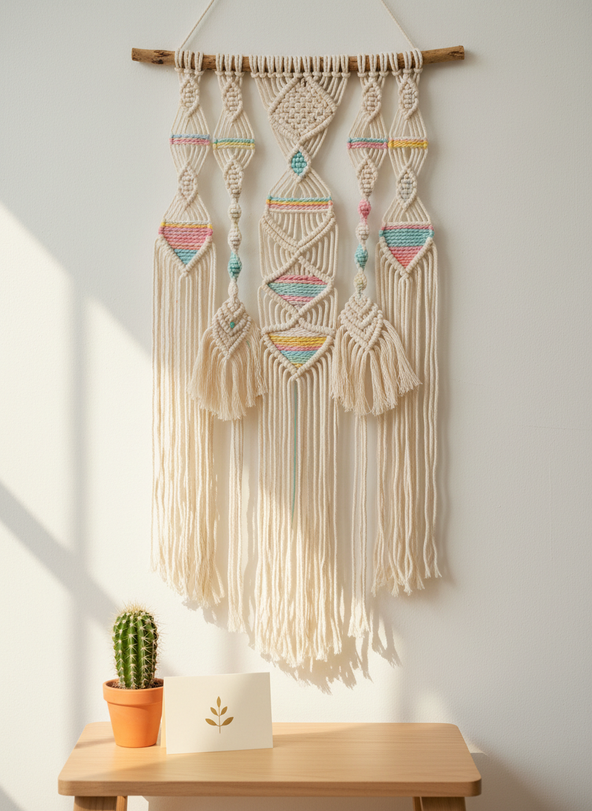 A bright, photographic scene featuring a whimsical macramé wall hanging displayed against a soft off-white wall. The hanging is made of thick, natural cotton cord knotted into playful geometric patterns, with pastel-colored accents woven through and long fringes cascading downward. Below it stands a small light wood side table with a tiny potted cactus and a folded gift card featuring a minimalist logo. Diffused daylight from an unseen window bathes the scene, creating soft, even lighting and faint, feathery shadows of the cords on the wall. Shot straight-on at eye level with a centered composition and gentle depth of field, the image radiates a lighthearted, boho-chic mood, highlighting the tactile fibers and handmade charm of this decorative cadeau in clean, photographic realism.