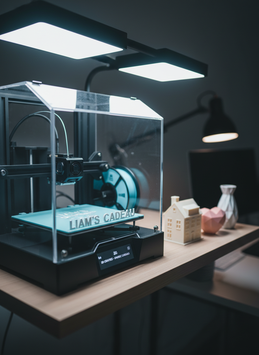 A sleek, photographic close-up of a workspace featuring a compact desktop 3D printer mid-process, inside its transparent casing. On the printer bed, a small, glossy pastel-blue nameplate is being printed layer by layer, the text emerging in clean, raised letters. Finished 3D gifts—a tiny white vase, a geometric heart, and a miniature house—sit neatly lined up on a nearby light wood shelf. Cool, diffused studio lighting illuminates the scene from above, creating gentle reflections on the plastic surfaces and subtle shadows under each object. Captured from a slightly low, three-quarter angle with moderate depth of field, the mood is modern, inventive, and precise, showcasing the behind-the-scenes magic of personalized 3D-creaties for unique cadeaus.