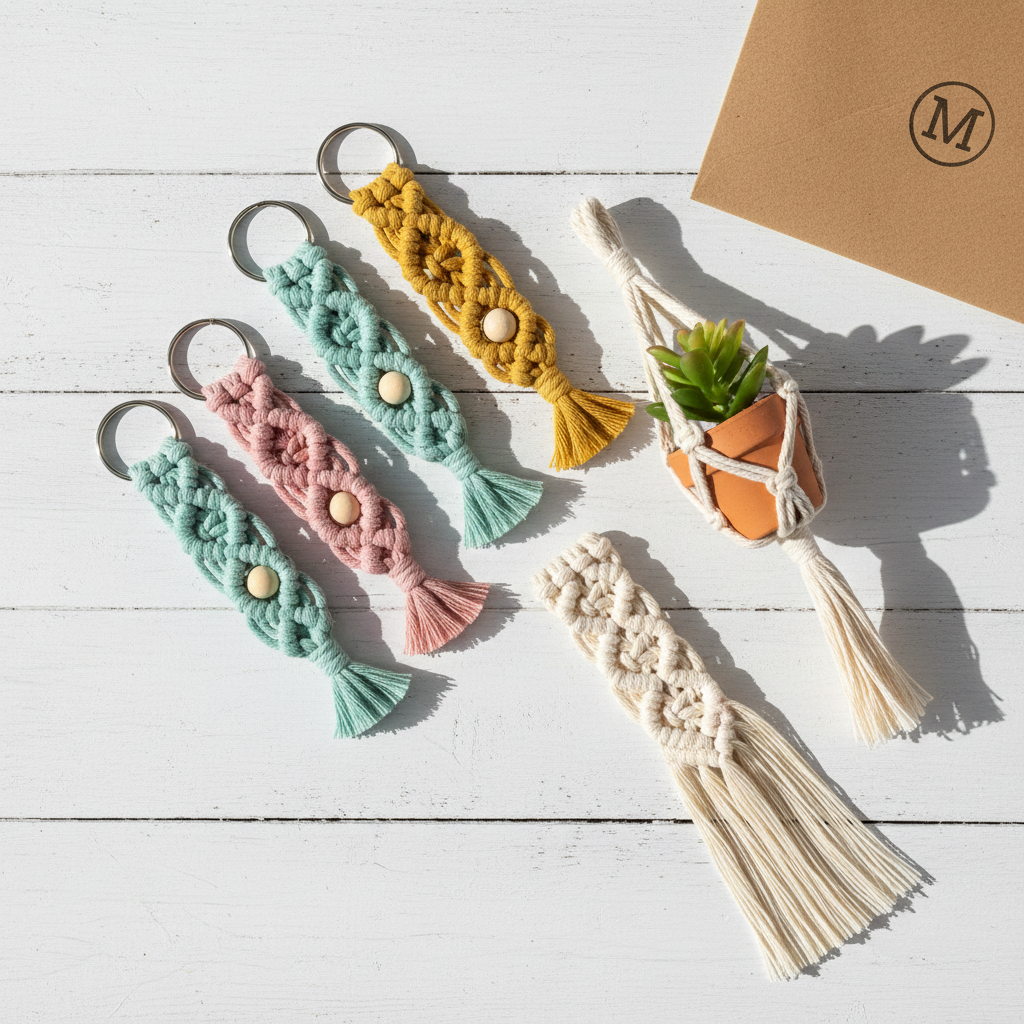A colorful, photographic composition of multiple small macramé gifts arranged in a playful diagonal across a whitewashed wooden surface. There are keychains in pastel mint, blush, and mustard, each knotted in different patterns with tiny wooden beads; a small plant hanger with a terracotta pot; and a simple bookmark with neatly trimmed fringes. Bright, natural daylight from above creates crisp yet soft shadows that accentuate the twists and braids of the cotton cords. The background is clean and uncluttered, with only a softly blurred corner of a branded kraft envelope visible. Shot from a bird’s-eye view with sharp focus and vibrant color rendering, the scene feels joyful, creative, and light, highlighting the variety and giftability of macramé items in a fresh, modern style.