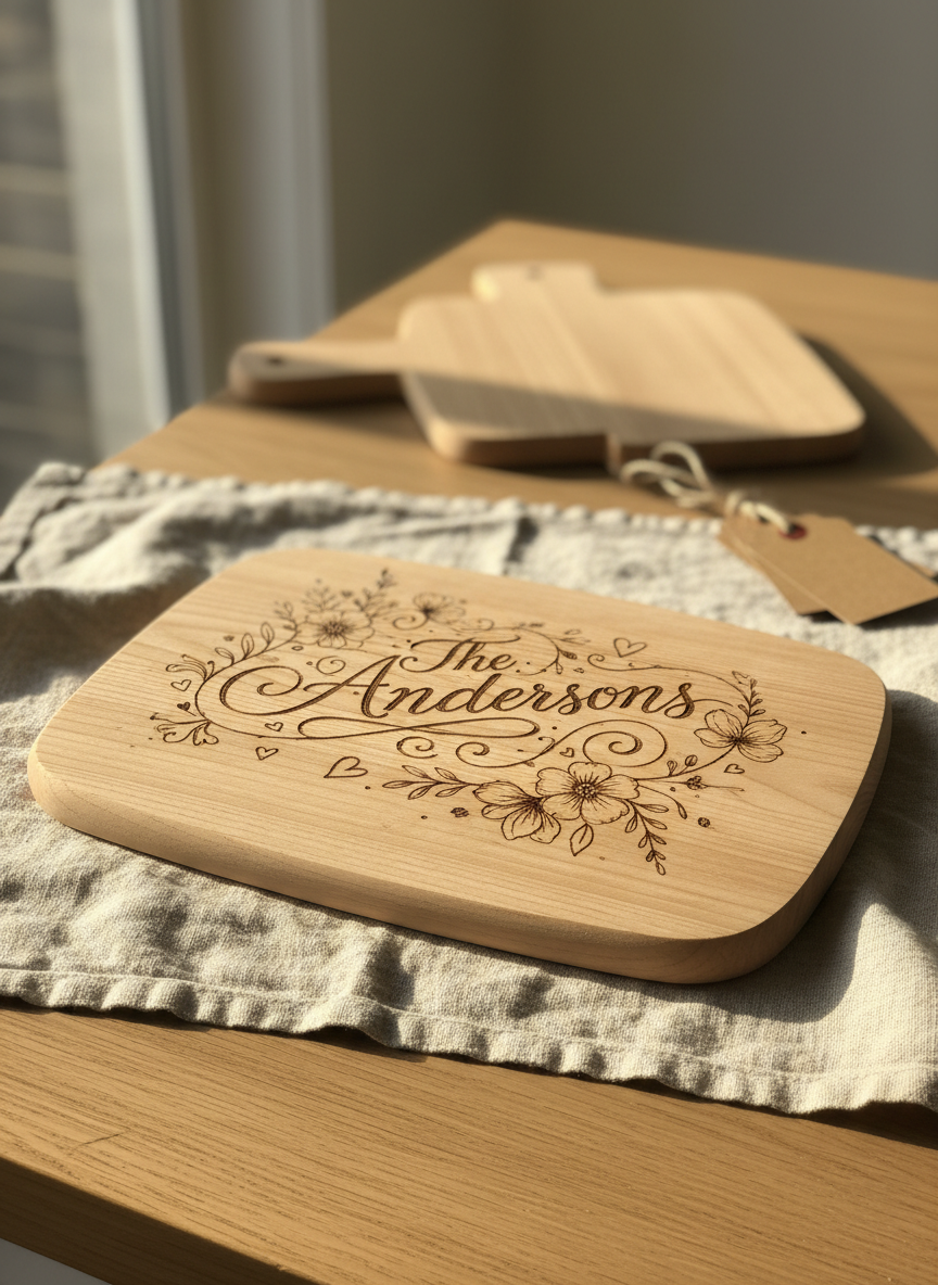 A close-up, photographic shot of a smooth beechwood cutting board with intricately woodburned details: swirling script with a family name, tiny hearts, and minimalist line-art flowers. The board rests slightly angled on a rustic linen cloth atop a light oak table. In the blurred background, other blank wooden planks and a small stack of gift tags suggest a creative workshop. Warm afternoon sunlight filters in from a nearby window, creating golden highlights in the engraved lines and soft shadows along the board’s beveled edge. Captured at a slightly elevated angle with shallow depth of field, the atmosphere feels artisanal, warm, and personal, emphasizing the texture of the grain and the precision of the pyrografie in a realistic, handcrafted aesthetic.