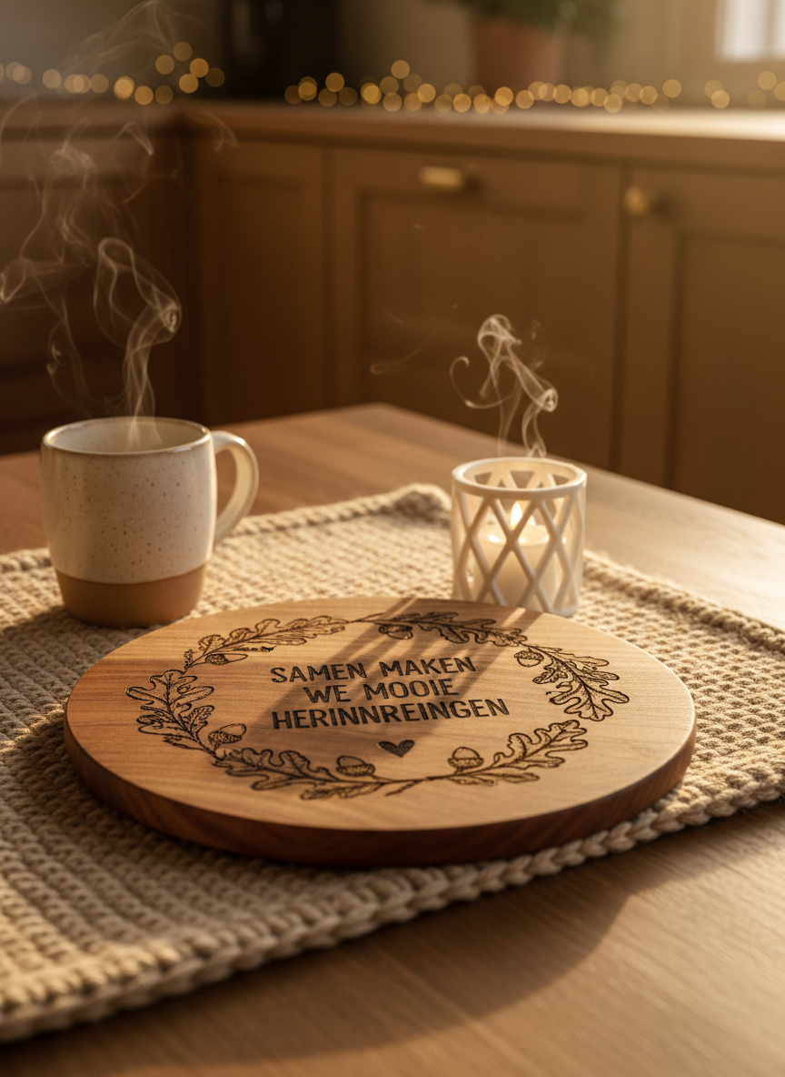 A cozy, photographic tabletop scene featuring a medium-sized round wooden serving board with a dark, crisp pyrography design: a wreath of leaves encircling a Dutch quote about togetherness. The board rests on a soft, textured beige table runner, with a steaming ceramic mug and a small lit candle housed in a 3D-printed white lattice holder nearby. The background softly blurs into warm wood cabinetry and subtle fairy lights, suggesting a homely interior. Golden hour sunlight streams in from the right, creating glowing highlights on the wood and delicate flickering reflections from the candle. Captured at an eye-level, three-quarter angle with a gentle depth of field, the mood is intimate, heartwarming, and slightly whimsical, emphasizing how personalized houtgebrande planken enhance special moments.