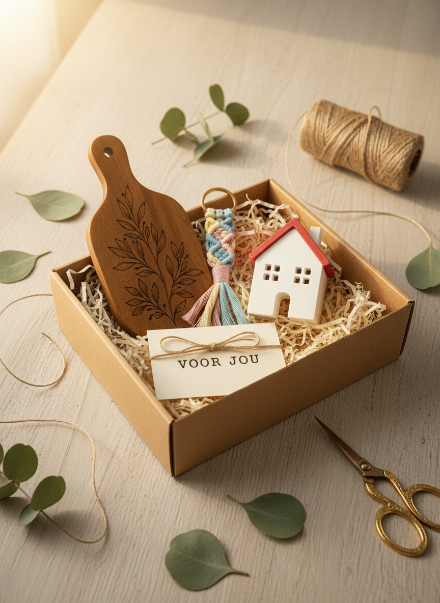 An inviting, photographic arrangement of a curated cadeaupakket displayed in an open kraft-paper gift box filled with shredded paper filler on a light wooden table. Inside, a small engraved wooden serving board with delicate woodburned leaves, a pastel macramé keychain, a miniature 3D-printed white house-shaped ornament, and a hand-stamped gift card lie neatly nestled together. Around the box, a spool of natural twine, a pair of golden scissors, and a few scattered eucalyptus leaves create a playful, creative wrapping scene. Warm, diffused afternoon light from the top left casts soft shadows and a gentle glow, giving the composition a cozy, celebratory atmosphere. Shot from a slightly elevated angle with moderate depth of field, the image feels thoughtfully styled yet relaxed, showcasing the joy of receiving a thoughtfully samengesteld cadeaupakket.